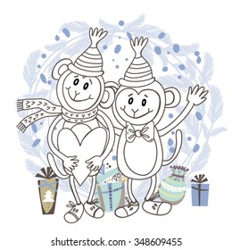 Wonderful vector illustration for coloring book of cute symbols 2016 Monkey in lovely trendy color palette.