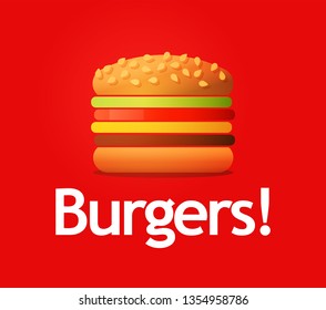 Wonderful Vector Logotype of big tasty Burger isolated on red background in EPS10. Sandwich image for logo, banner or ads of Cafe.