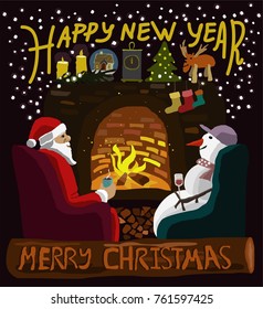 wonderful vector poster of new year with comic Santa Claus, snowman,  fireplace, wood, candle, socks, watch, deer,tree, and lights. great poster for new year invitation or greeting card an oher prints