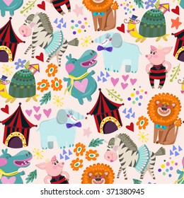 Wonderful vector seamless pattern of circus and funny animals.
