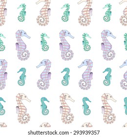 Wonderful vector seamless pattern of seahorses. Bright set painted by hand. To use postcards, greetings, prints on textiles and other creative products.