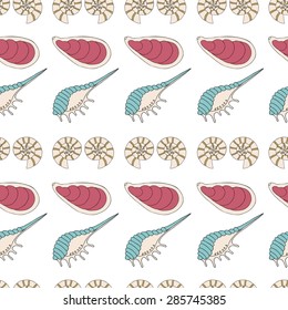 Wonderful vector seamless pattern of seashells. Bright set painted by hand. To use postcards, greetings, prints on textiles and other creative products.