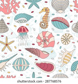 Wonderful vector seamless pattern of seashells, starfish and seahorses. Bright set painted by hand. To use postcards, greetings, prints on textiles and other creative products.
