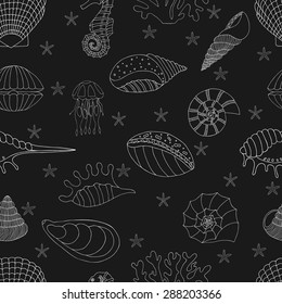 Wonderful vector seamless pattern of seashells, starfish and seahorses. Set painted by hand. To use postcards, greetings, prints on textiles and other creative products.