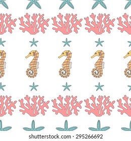 Wonderful vector seamless pattern of  starfish,coral and seahorses. Bright set painted by hand. To use postcards, greetings, prints on textiles and other creative products.