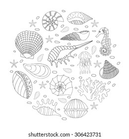 Wonderful vector set of seashells and starfish. Set painted by hand. To use postcards, greetings, prints on textiles and other creative products.