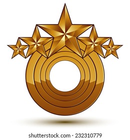 Wonderful vector template with 5 golden stars, rounded symbol, best for use in web and graphic design. Heraldic icon, clear eps8 vector.
