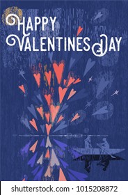 wonderful vector of valentine's day celebration poster with balloon of hearts, sea, sky, boat and couple. textured objects and text. great poster for valentine's day party greeting or invitation card.