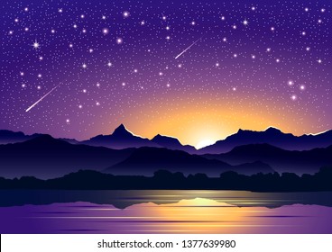 Wonderful vectorial composition of night sky on a background mountains