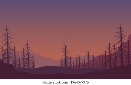 Wonderful view of the mountains from the edge of the city at dusk with the silhouette of dry trees around it. Vector illustration of a city