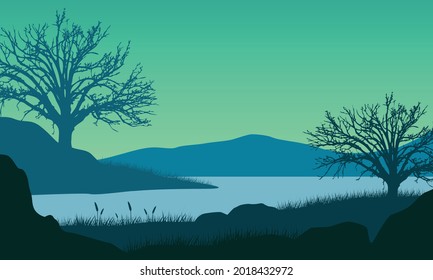 Wonderful view of the mountains from the riverbank in the morning with beautiful dry tree silhouettes. Vector illustration of a city
