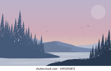 The wonderful view of the mountains from the riverbank at sunset in the afternoon with pine trees around it. Vector illustration of a city