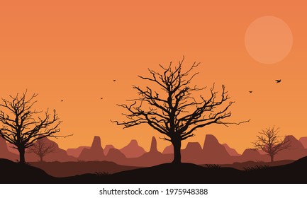 Wonderful view of the mountains with silhouettes of dry trees at dusk from the suburbs. Vector illustration of a city