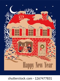 wonderful vintage retro vector graphic New year card with old house, trees, moon, stars,  Christmas trees,  man and woman. Great for new year or Christmas party poster or greeting 