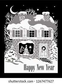 wonderful vintage vector graphic New year card with old house, trees, moon, stars,  Christmas trees,  man and woman. Great for new year or Christmas party poster or greeting 