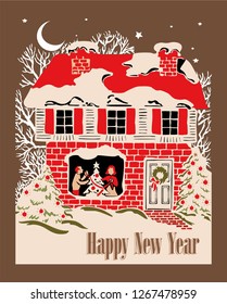 wonderful vintage vector graphic New year card with old house, trees, moon, stars,  Christmas trees,  man and woman. Great for new year or Christmas party poster or greeting 