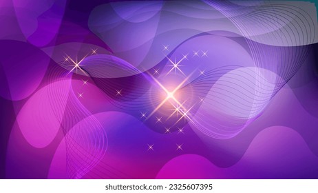 Wonderful wallpaper in purple tones. Flashes of light, sparks, intertwining wavy lines against a backdrop of overlapping abstract shapes and mixing colors. Vector.
