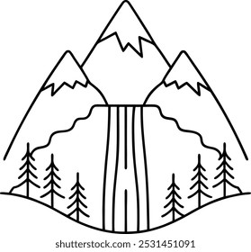 A wonderful waterfall mountain outline vector art and line art illustration design. Mountain line. Simple minimal landscape. Linear silhouette of mountains. Outline rocky peaks icon, contour line.