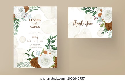 wonderful wedding invitation card set with greenery leaves, white rose and pine flower