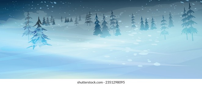 Maravilloso paisaje invernal. Banner vectorial mínimo y creativo. Panorama del bosque nevado. 