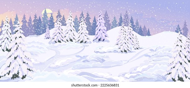 Wonderful winter landscape with snowy hills, falling snow. Snow-covered fir trees, snow drifts, paths. Panoramic background of a snowy landscape. Winter vacation day. The concept of Christmas