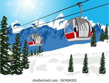 Wonderful Winter Scenery With Ski Lift Cable Booth Or Car