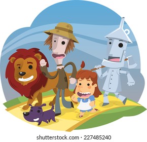 The Wonderful Wizard of Oz characters happily walking on the yellow brick road  illustration cartoon.