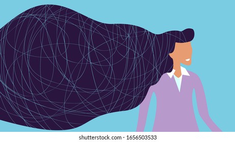 wonderful woman with long hair and tangled line on blue background