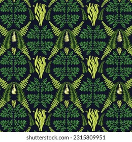 Wonderful world leaves vector repeat pattern on dark blue background.