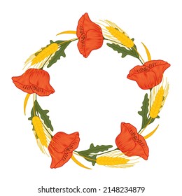 Wonderful wreath of ears of wheat and red poppy. Wreath frame template for greeting or invitation. Vector doodle illustration isolated on a white background.