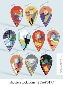 Wonderfully designed flat set of ten map pins with long shadows created using gradient mesh. Different shops are illustrated.