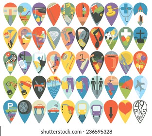 Wonderfully designed flat set of ten map pins with long shadows created using gradient mesh. The mega set contains 49 map pins of various themes .