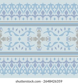 Wondering Blue Exotic Ornament Arranged Pattern Seamless Border. Fine Handicraft Drawn Silver Florals Scroll and Geometric Elaborate Style for Rich Royal Opulence Decoration Carpet Wallpaper Ceiling 