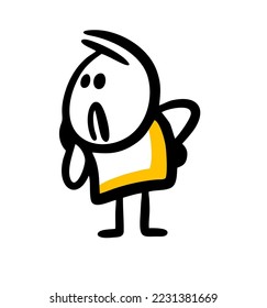 Wondering child with sad grin on the face looking on something. Vector illustration of stickman boy with problems.