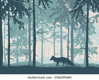 Wondering fox, forest background, silhouettes of trees. Magical misty landscape. Blue illustration