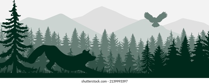 Wondering fox, forest background, silhouettes of trees. Magical misty landscape. Green illustration EPS