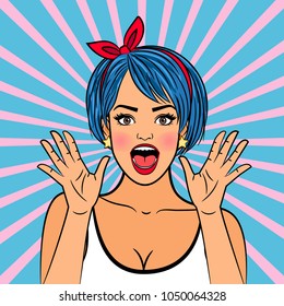 Wondering girl face. Amazement pop art woman portrait, surprised and happy comic lady vector illustration