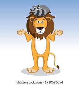 Wondering lion with a sleeping racoon on its head