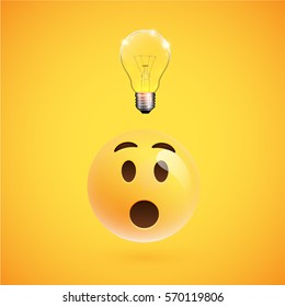 Wondering smiley with a lightbulb shows an idea, vector illustration