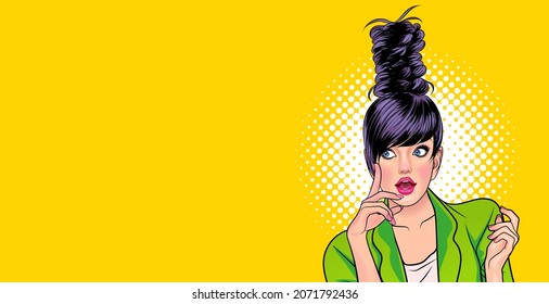 wondering young woman looking somthing pop art comics style.