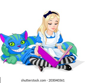 Wonderland Alice reading a book and Cheshire Cat 