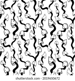Wonderland background with magic mushrooms. Tattoo art style illustration.