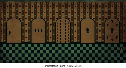 Wonderland background: magical room with chessboard floor and many keyhole doors