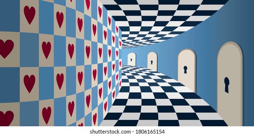 Wonderland background: magical room with chessboard floor and many keyhole doors