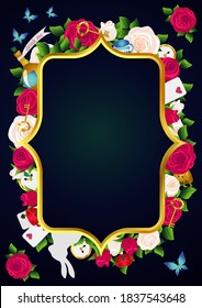 Wonderland background. Red  roses and white roses, clock and key, white rabbit, potion, tea cup, butterflies. Rose flower frame vector illustration