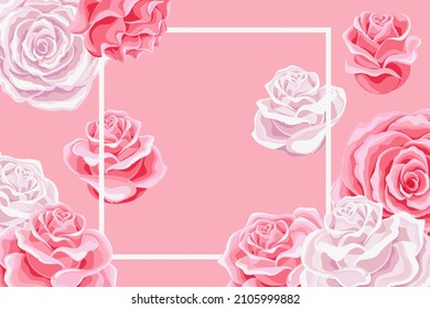 Wonderland card. Beautiful pink and white roses on pink background. Frame with a place for text. vector illustration, greeting card , invitation, banner