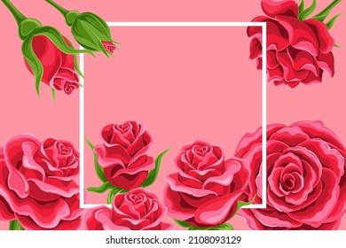 Wonderland card. Beautiful red roses on pink background. Frame with a place for text. vector illustration, greeting card , invitation, banner