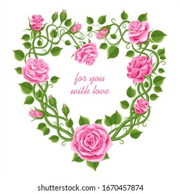 Wonderland card. Beautiful wreath of roses, leaves and bindweed. Frame with a place for text. vector illustration, greeting card , invitation, banner