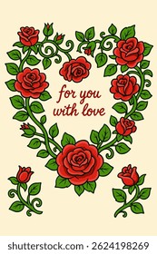 Wonderland card. Beautiful wreath of roses, leaves and bindweed. Frame with a place for text. vector illustration, greeting card , invitation, banner