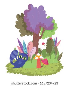 wonderland, cat mushroom tree bushes meadow vector illustration